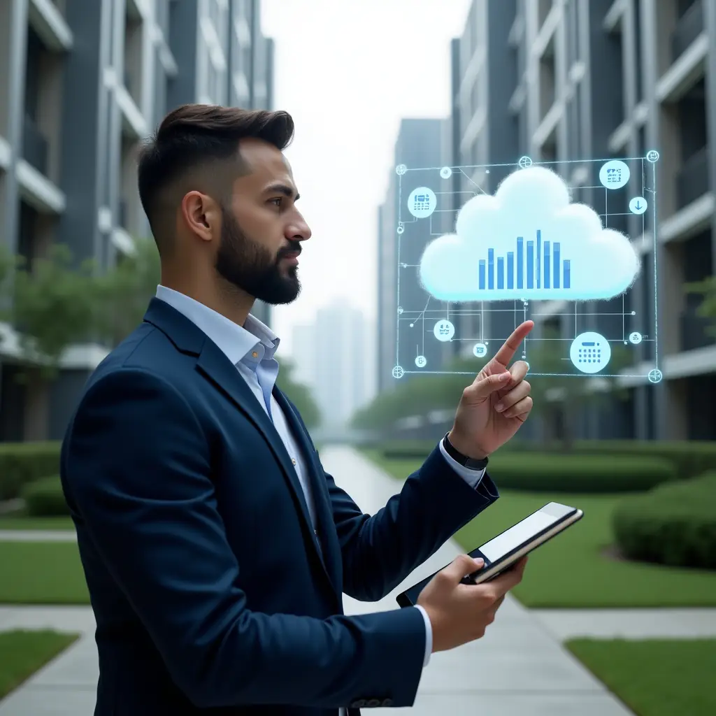 (Ultra-realistic condominium manager in a dark blue tailored suit, set in a modern luxury condominium environment with high-rise buildings and manicured green landscaping, holding a tablet and pointing at a floating holographic cloud interface displaying app icons and data charts, holographic cloud symbolizing cloud-based management, confident expression, cinematic lighting, shallow depth of field, highly detailed textures, realistic skin, photographic realism, 8k resolution --ar 1:1 --v 6)