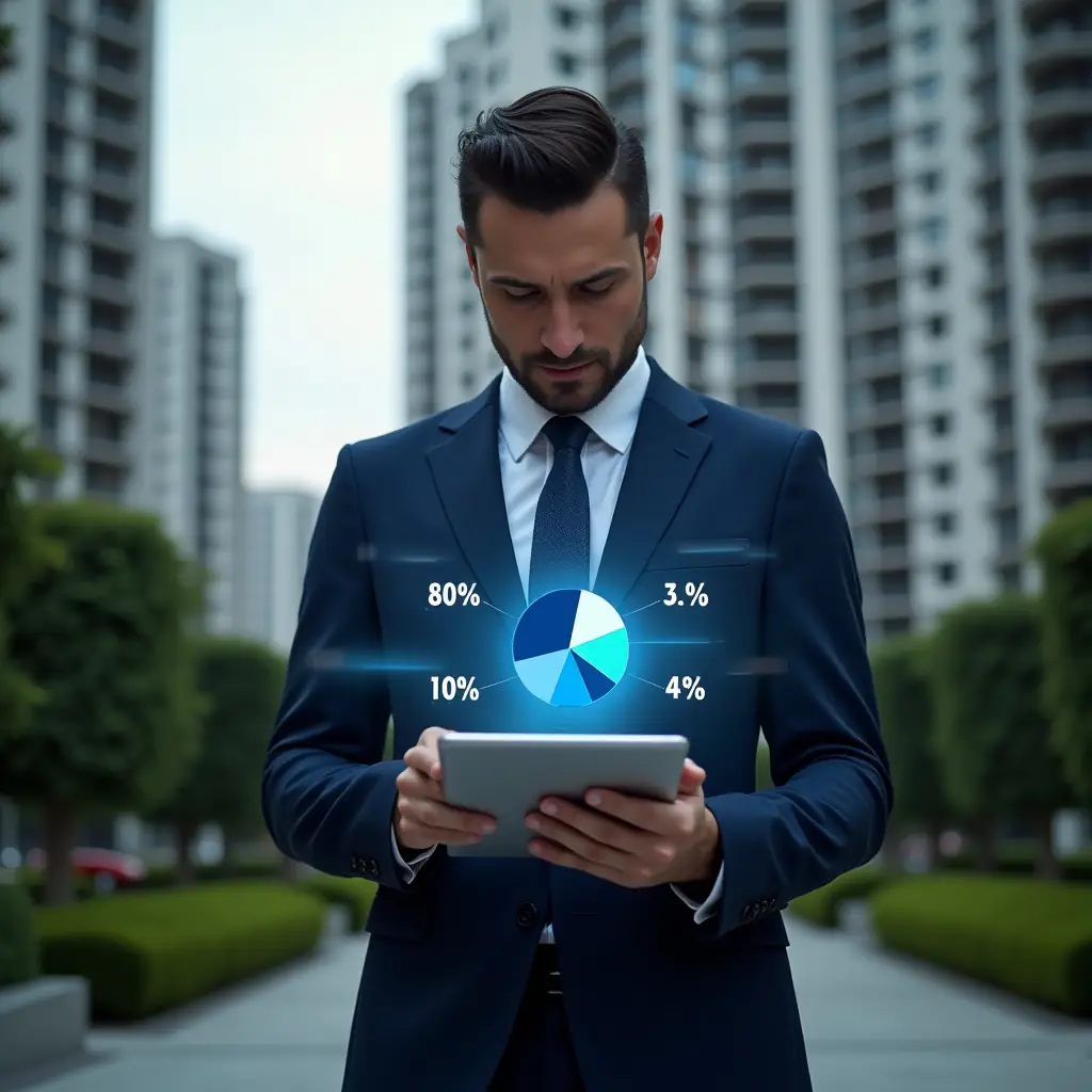 Ultra-realistic condominium manager in a navy blue suit, set in a modern luxury condominium environment with high-rise buildings and manicured green landscaping, mid-shot of a professional reviewing a holographic pie chart of unit fractions hovering above a digital tablet, thoughtful expression, symbolic fractional percentage icons floating around, cinematic lighting, shallow depth of field, highly detailed textures, realistic skin, photographic realism, 8k resolution --ar 1:1 --v 6
