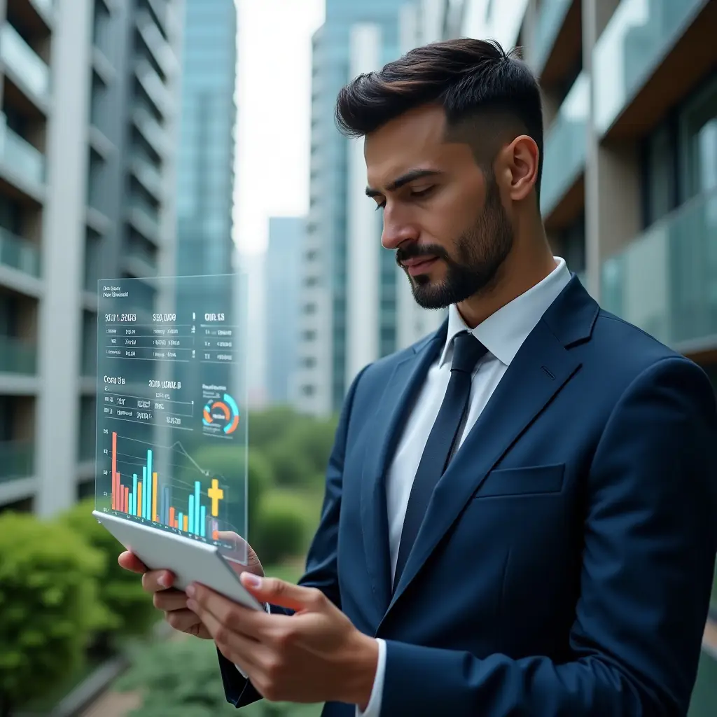 Ultra-realistic condominium manager in a navy blue executive suit, set in a modern luxury condominium environment with high-rise buildings and lush green landscaping, reviewing a floating holographic financial report with bar graphs and pie charts that represent the eight essential report items, confident and analytical expression, cinematic lighting, shallow depth of field, highly detailed textures, realistic skin, photographic realism, 8k resolution --ar 1:1 --v 6