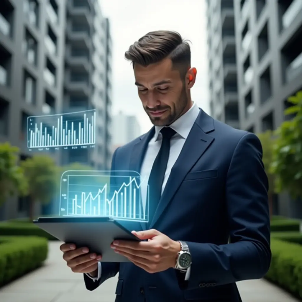 (Ultra-realistic condominium manager in a tailored navy suit, set in a modern luxury condominium environment with high-rise buildings and manicured green landscaping, medium close-up focusing on the professional holding a tablet displaying holographic financial charts and a digital ledger, confident and focused expression, symbolic translucent graphs floating around, cinematic lighting, shallow depth of field, highly detailed textures, realistic skin, photographic realism, 8k resolution --ar 1:1 --v 6)