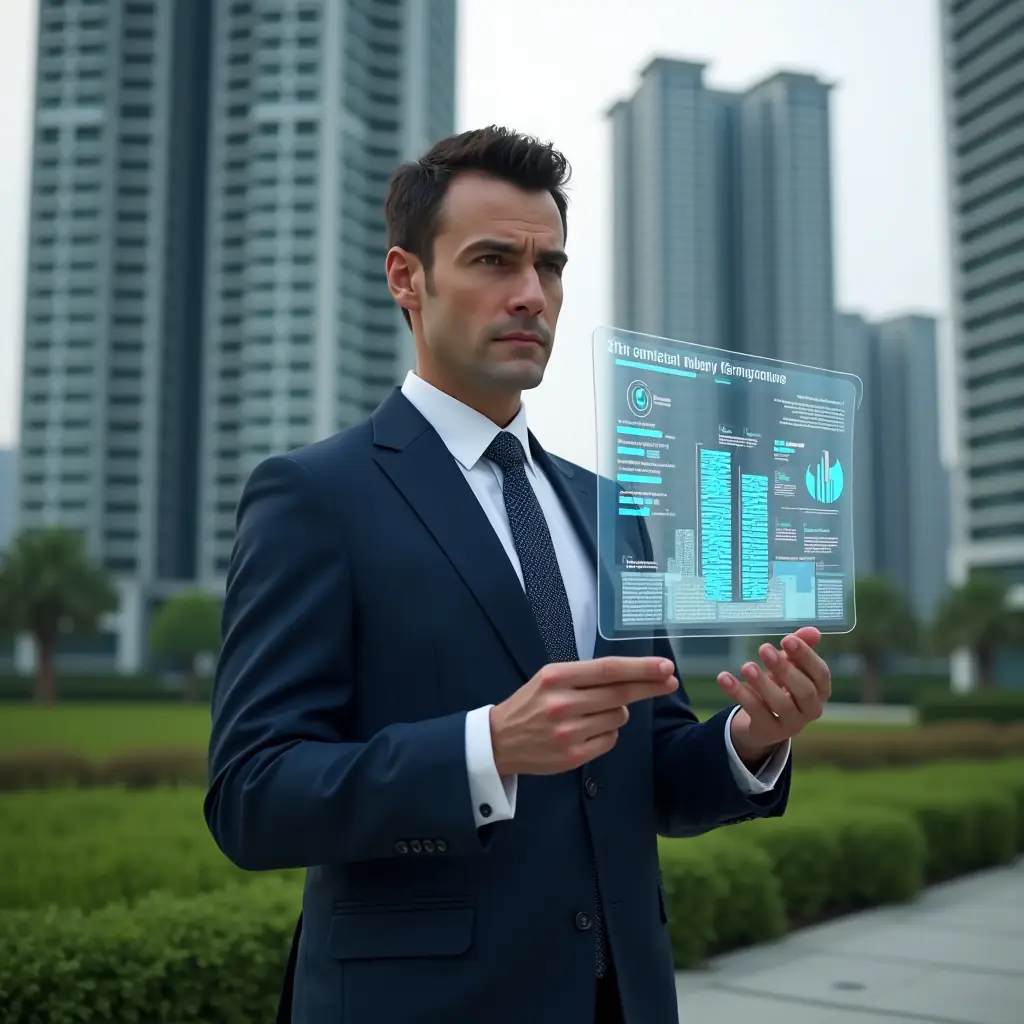 Ultra-realistic condominium manager in a navy tailored suit, set in a modern luxury condominium environment with high-rise buildings and lush green landscaping, examining a floating holographic interface of building analytics and resident satisfaction charts, confident and focused expression, cinematic lighting, shallow depth of field, highly detailed textures, realistic skin, photographic realism, 8k resolution --ar 1:1 --v 6