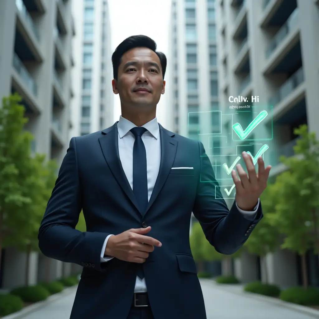 Ultra-realistic condominium manager in a navy executive suit, set in a modern luxury condominium environment with high-rise buildings and lush green landscaping, standing in a medium shot reviewing a holographic checklist with green checkmarks symbolizing error prevention, confident and focused expression, cinematic lighting, shallow depth of field, highly detailed textures, realistic skin, photographic realism, 8k resolution --ar 1:1 --v 6