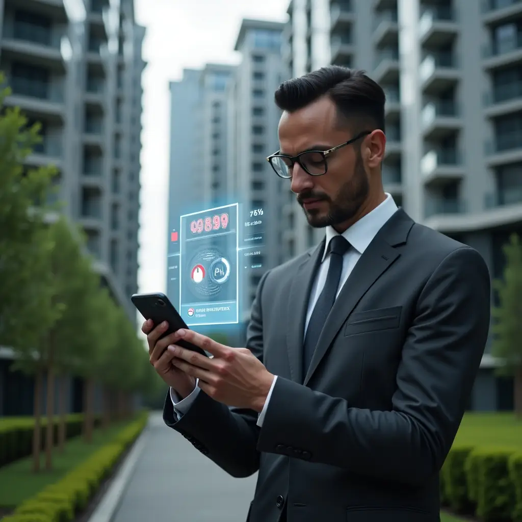 (Ultra-realistic condominium manager in a dark gray tailored suit, set in a modern luxury condominium environment with high-rise buildings and manicured green landscaping, examining a floating holographic interface displaying app performance charts and red warning icons, a translucent smartphone hologram with an “outdated” alert symbol beside him, cinematic lighting, shallow depth of field, highly detailed textures, realistic skin, photographic realism, 8k resolution --ar 1:1 --v 6)