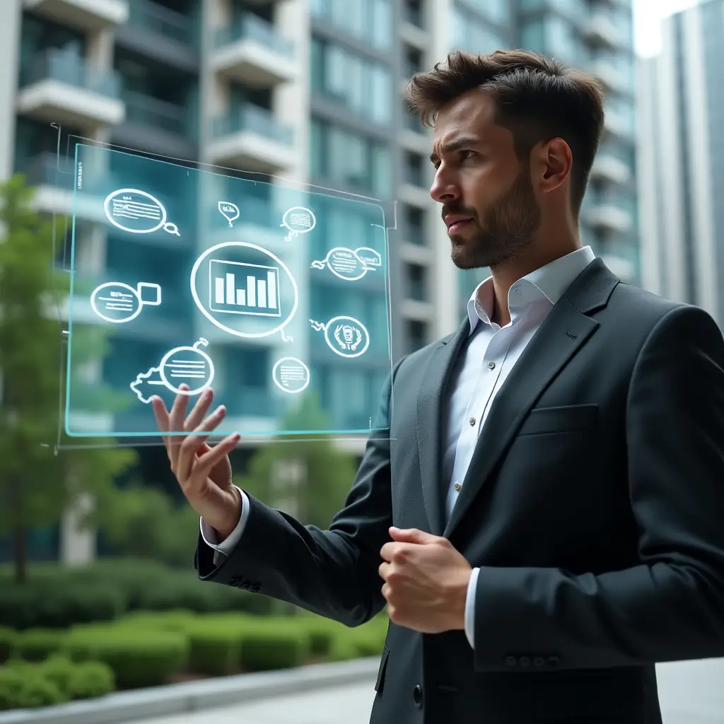(Ultra-realistic condominium manager in a tailored dark gray suit, set in a modern luxury condominium environment with high-rise buildings and manicured green landscaping, confidently interacting with a floating holographic interface displaying finance charts, chat bubbles and maintenance tools icons to represent unified administration, cinematic lighting, shallow depth of field, highly detailed textures, realistic skin, photographic realism, 8k resolution --ar 1:1 --v 6)