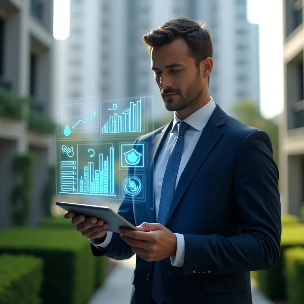 (Ultra-realistic condominium manager in a navy executive suit, set in a modern luxury condominium environment with high-rise buildings and manicured greenery, holding a digital tablet displaying budget charts and holographic icons of water droplets, energy bolts, and cleaning tools, reviewing expenses with a confident, thoughtful expression, cinematic lighting, shallow depth of field, highly detailed textures, realistic skin, photographic realism, 8k resolution --ar 1:1 --v 6)