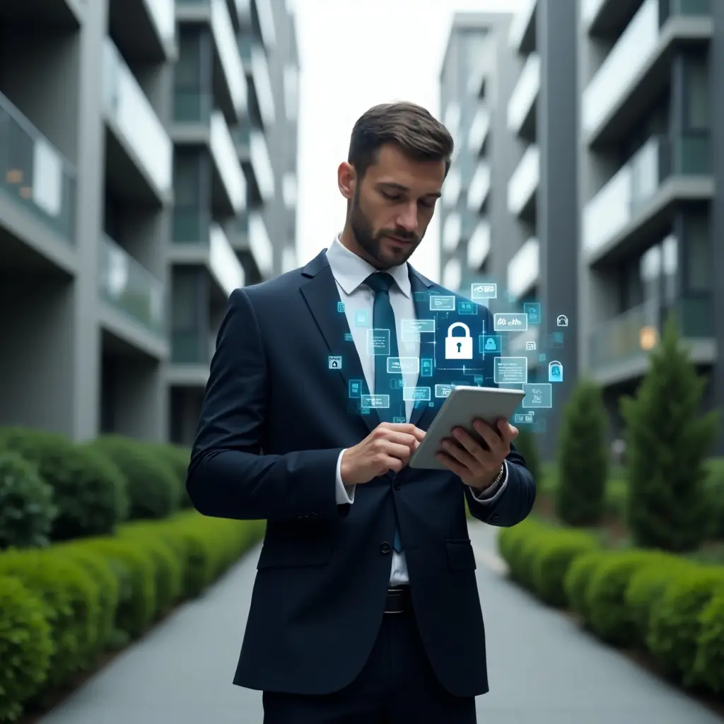 Ultra-realistic condo manager in a tailored dark suit, set in a modern luxury condominium environment with high-rise buildings and manicured green landscaping, holding a tablet projecting holographic icons of chat bubbles, financial charts and security locks, confidently reviewing the interface, cinematic lighting, shallow depth of field, highly detailed textures, realistic skin, photographic realism, 8k resolution --ar 1:1 --v 6