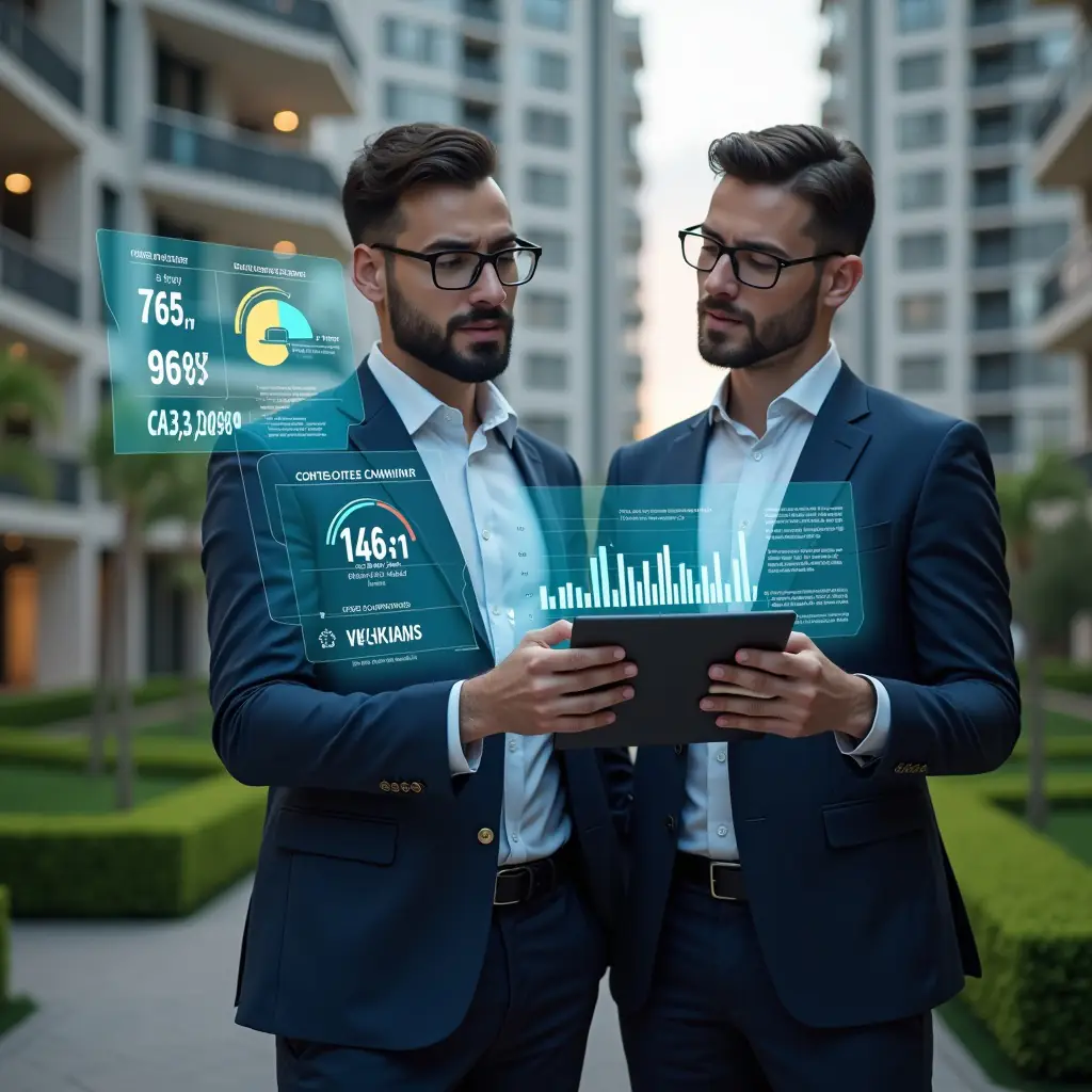 (Ultra-realistic condominium manager in a tailored navy suit, set in a modern luxury condominium environment with high-rise buildings and manicured green landscaping, reviewing a floating holographic budget dashboard with charts and cost‐control icons, confident and focused expression, cinematic lighting, shallow depth of field, highly detailed textures, realistic skin, photographic realism, 8k resolution --ar 1:1 --v 6)