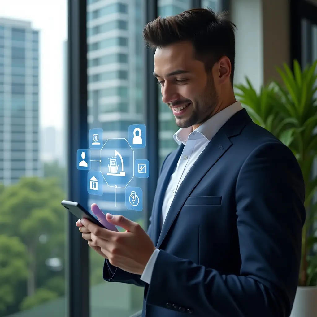 (Ultra-realistic condominium manager in a navy blue suit, set in a modern luxury condominium environment with high-rise buildings and lush greenery, holding a smartphone projecting holographic icons of finance, chat, security, booking, and maintenance, analyzing the digital interface with a confident smile, cinematic lighting, shallow depth of field, highly detailed textures, realistic skin, photographic realism, 8k resolution --ar 1:1 --v 6)