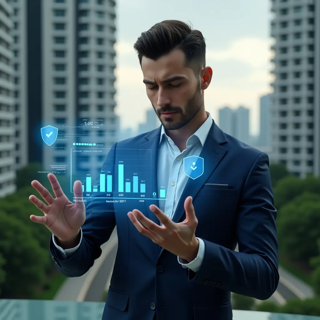 Ultra-realistic condominium manager in a dark blue suit, set in a modern luxury condominium environment with high-rise buildings and green landscaping, analyzing a holographic financial dashboard with floating icons of expense charts and fraud-shield symbols, confident expression, cinematic lighting, shallow depth of field, highly detailed textures, realistic skin, photographic realism, 8k resolution --ar 1:1 --v 6