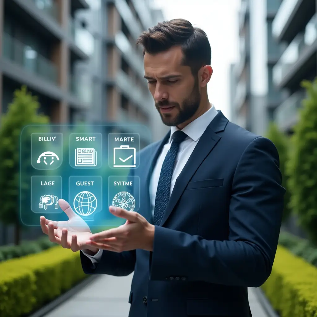 (Ultra-realistic condominium manager in a tailored navy suit, set in a modern luxury condominium environment with high-rise buildings and impeccably manicured green landscaping, confidently interacting with a floating holographic interface displaying icons for automated billing, smart reports, maintenance requests, guest access QR codes, and digital voting, cinematic lighting, shallow depth of field, highly detailed textures, realistic skin, photographic realism, 8k resolution --ar 1:1 --v 6)