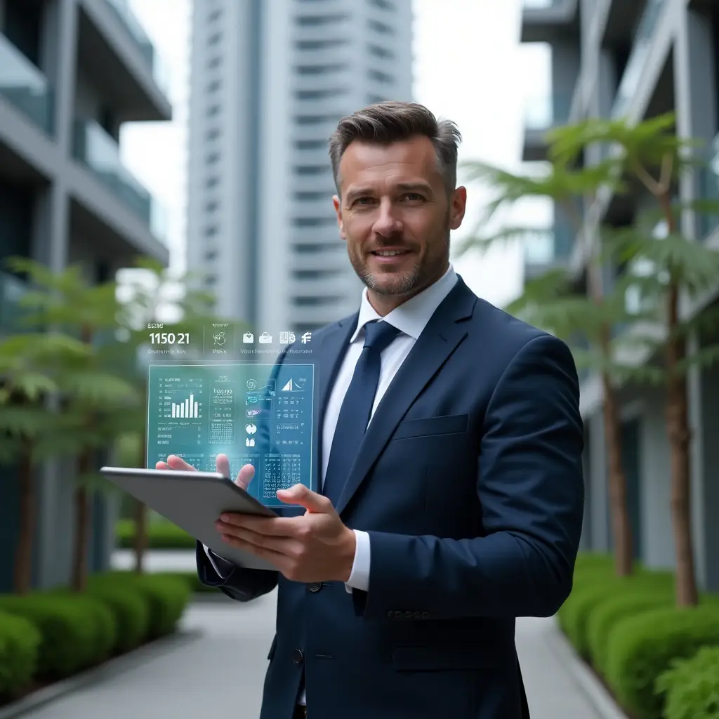 (Ultra-realistic condominium manager in a navy blue executive suit, set in a modern luxury condominium environment with high-rise buildings and well-maintained green landscaping, holding a tablet displaying holographic charts, calendar icons and chat bubbles symbolizing optimized communication and scheduling, confident expression, cinematic lighting, shallow depth of field, highly detailed textures, realistic skin, photographic realism, 8k resolution --ar 1:1 --v 6)