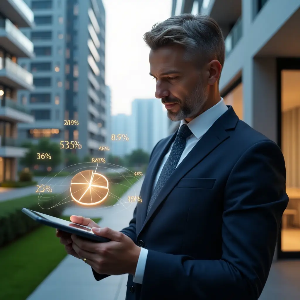 (Ultra-realistic condominium manager in a tailored navy suit, set in a modern luxury condominium environment with high-rise buildings and manicured green landscaping, holding a tablet displaying a holographic pie chart of unit fractions, thoughtfully analyzing the floating percentages and area icons, cinematic lighting, shallow depth of field, highly detailed textures, realistic skin, photographic realism, 8k resolution --ar 1:1 --v 6)