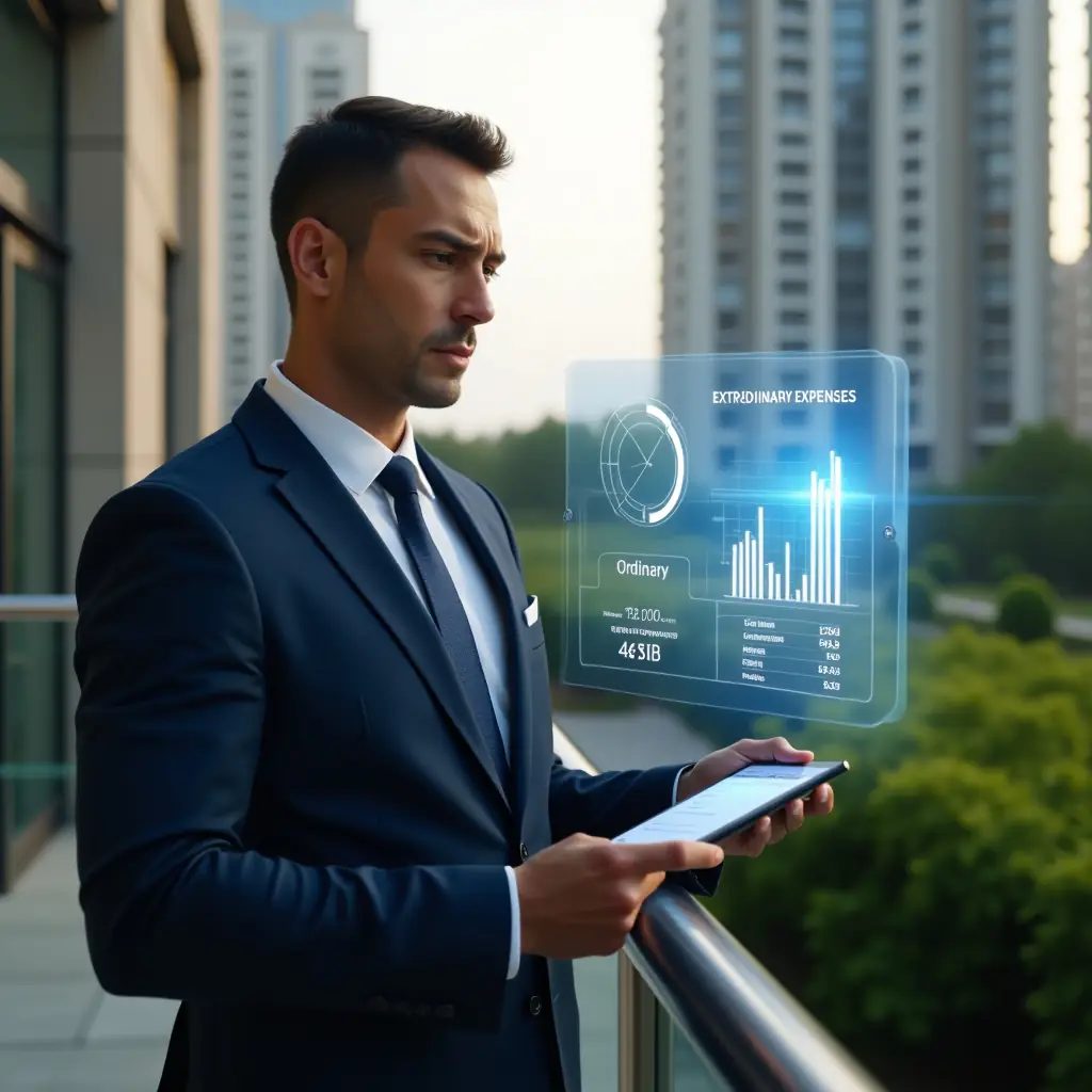 Ultra-realistic condominium manager in a tailored navy suit, set in a modern luxury condominium environment with high-rise buildings and manicured greenery, confidently analyzing holographic financial charts displaying ordinary and extraordinary expenses, a floating expense icon and a digital ledger interface beside them, cinematic lighting, shallow depth of field, highly detailed textures, realistic skin, photographic realism, 8k resolution --ar 1:1 --v 6