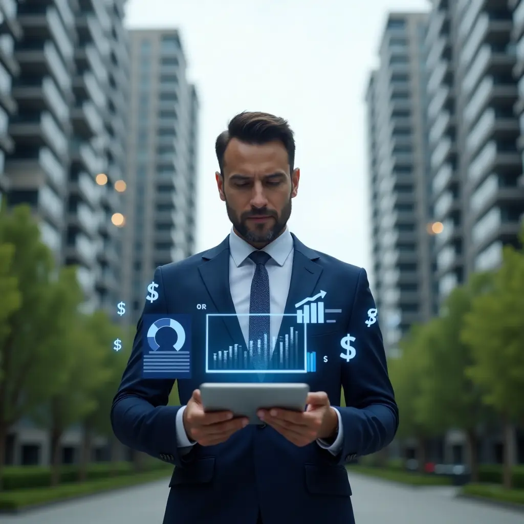 Ultra-realistic property manager in a navy blue suit, set in a modern luxury condominium environment with high-rise buildings and green landscaping, standing in a medium shot with a focused and confident expression, holding a tablet displaying holographic financial charts and pie graphs, holographic dollar symbols floating around, cinematic lighting, shallow depth of field, highly detailed textures, realistic skin, photographic realism, 8k resolution --ar 1:1 --v 6