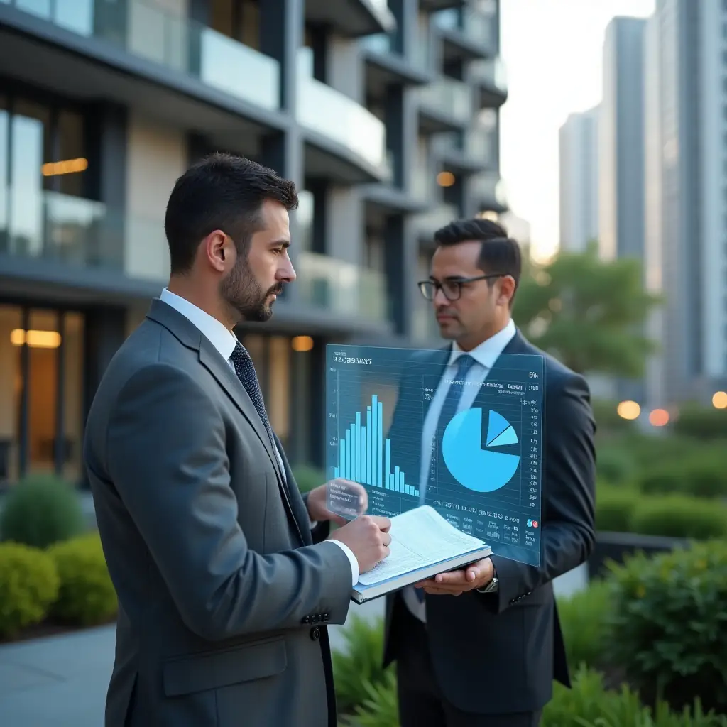 (Ultra-realistic condominium manager in a charcoal gray suit, set in a modern luxury condominium environment with high-rise buildings and manicured green landscaping, reviewing a holographic budget chart and holding assembly voting ballots, holographic pie charts and financial graphs floating beside them, confident and focused expression, cinematic lighting, shallow depth of field, highly detailed textures, realistic skin, photographic realism, 8k resolution --ar 1:1 --v 6)
