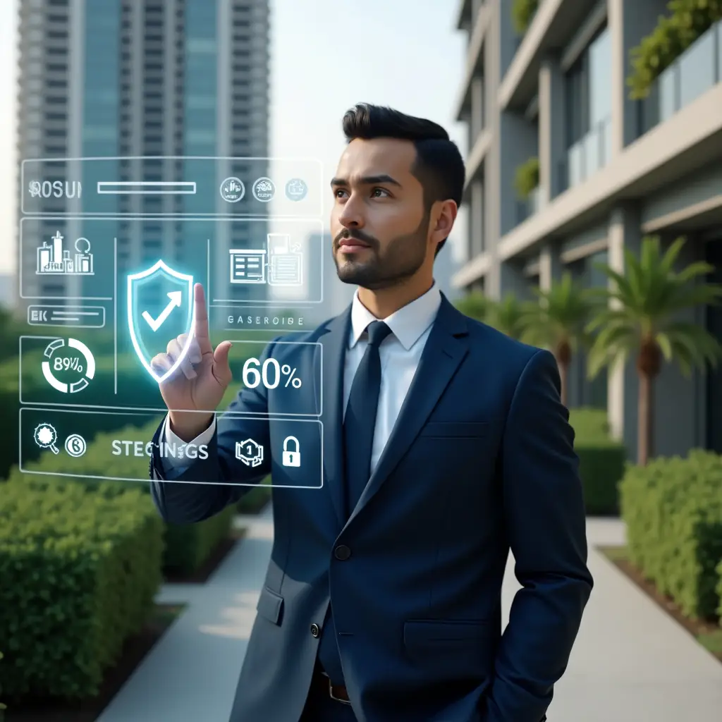 Ultra-realistic condominium manager in a tailored navy suit, set in a modern luxury condominium environment with high-rise buildings and lush green landscaping, interacting with a holographic condo management dashboard displaying financial charts, messaging bubbles, and security shield icons, confident expression, cinematic lighting, shallow depth of field, highly detailed textures, realistic skin, photographic realism, 8k resolution --ar 1:1 --v 6