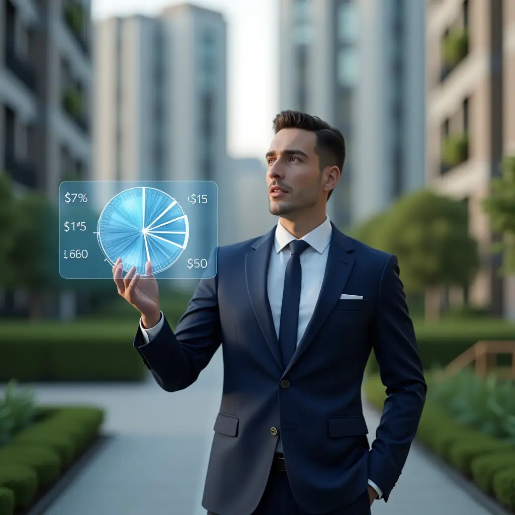 Ultra-realistic condominium manager in a navy blue suit, set in a modern luxury condominium environment with high-rise buildings and lush green landscaping, standing in a medium shot with a confident, thoughtful expression as they interact with a floating holographic pie chart displaying fractional segments and cost distribution bars, cinematic lighting, shallow depth of field, highly detailed textures, realistic skin, photographic realism, 8k resolution --ar 1:1 --v 6