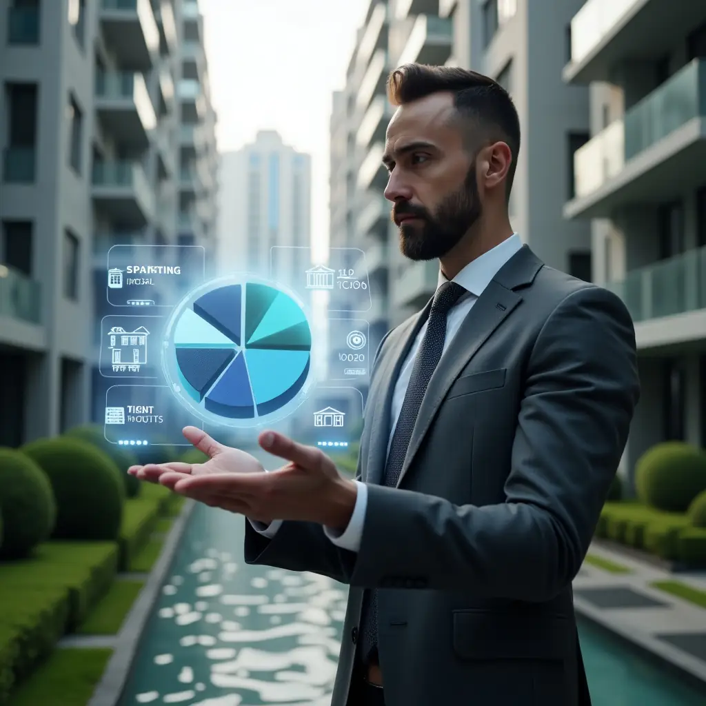 (Ultra-realistic condominium manager in a tailored charcoal gray suit, set in a modern luxury condominium environment with high-rise buildings and meticulously landscaped gardens, confidently analyzing a floating holographic pie chart representing ideal fractions and expense allocations, subtle holographic building icons and numeric overlays surrounding them, cinematic lighting, shallow depth of field, highly detailed textures, realistic skin, photographic realism, 8k resolution --ar 1:1 --v 6)