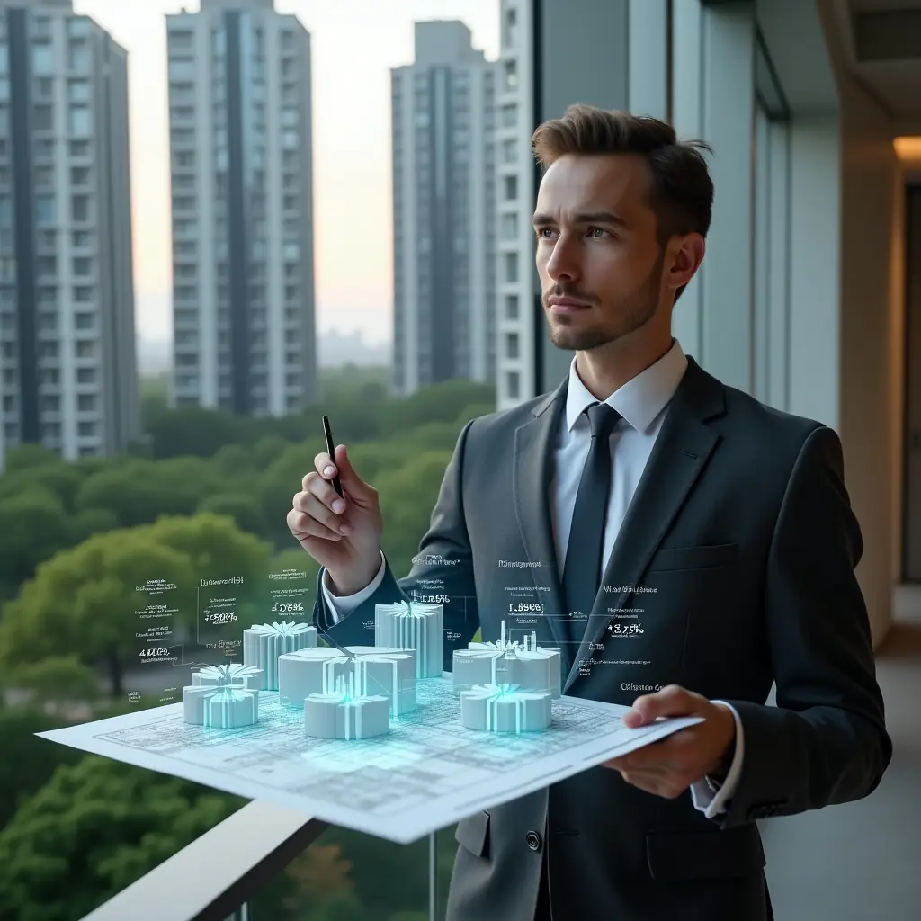 (Ultra-realistic condominium manager in a dark gray tailored suit, set in a modern luxury condominium environment with high-rise buildings and manicured green landscaping, analyzing a holographic 3D fractional pie chart overlaid on an architectural blueprint, pointing with a stylus as floating percentage values hover around, confident and focused expression, cinematic lighting, shallow depth of field, highly detailed textures, realistic skin, photographic realism, 8k resolution --ar 1:1 --v 6)
