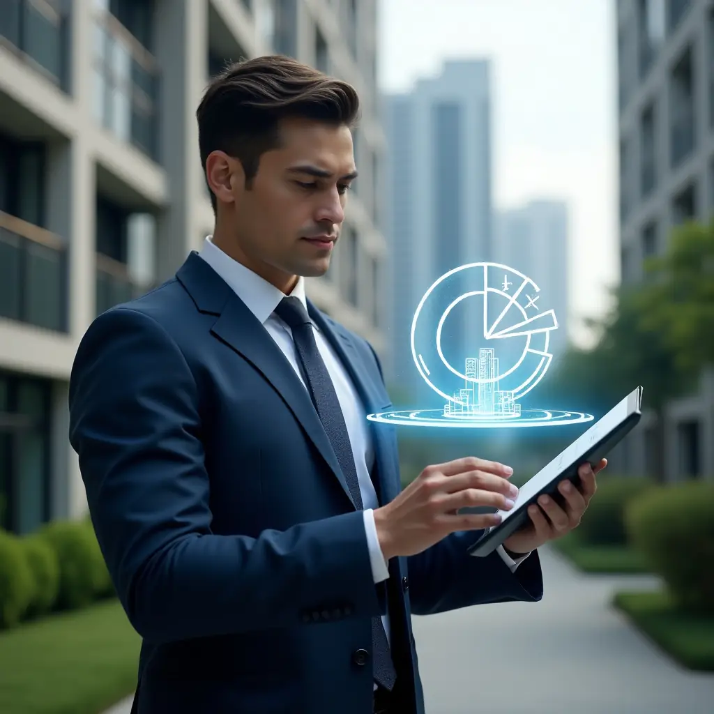 (Ultra-realistic condominium manager in a navy blue tailored suit, set in a modern luxury condominium environment with high-rise buildings and manicured green landscaping, examining a floating holographic pie chart with highlighted fractional segments and subtle building icons, analytical and confident expression, cinematic lighting, shallow depth of field, highly detailed textures, realistic skin, photographic realism, 8k resolution --ar 1:1 --v 6)