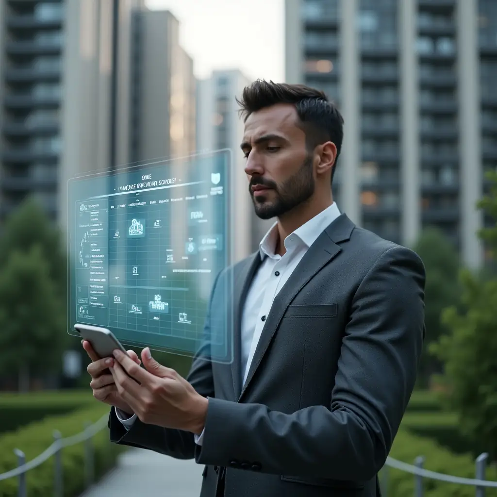 Ultra-realistic condominium manager in a charcoal gray executive suit, set in a modern luxury condominium environment with high-rise buildings and green landscaping, reviewing a holographic calendar schedule with attentive and confident expression, holographic maintenance and meeting icons floating beside him, cinematic lighting, shallow depth of field, highly detailed textures, realistic skin, photographic realism, 8k resolution --ar 1:1 --v 6