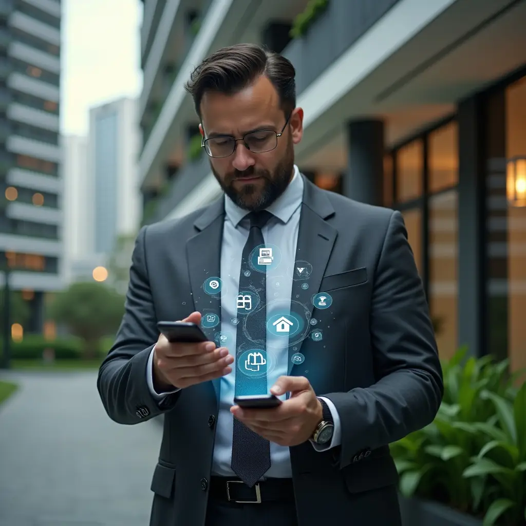 (Ultra-realistic condominium manager in a dark gray executive suit, set in a modern luxury condominium environment with high-rise buildings and lush green landscaping, holding a smartphone displaying a floating holographic interface of essential condo management features, confident and focused expression, subtle icons for finance, reservations, access control and maintenance orbiting the device, cinematic lighting, shallow depth of field, highly detailed textures, realistic skin, photographic realism, 8k resolution --ar 1:1 --v 6)
