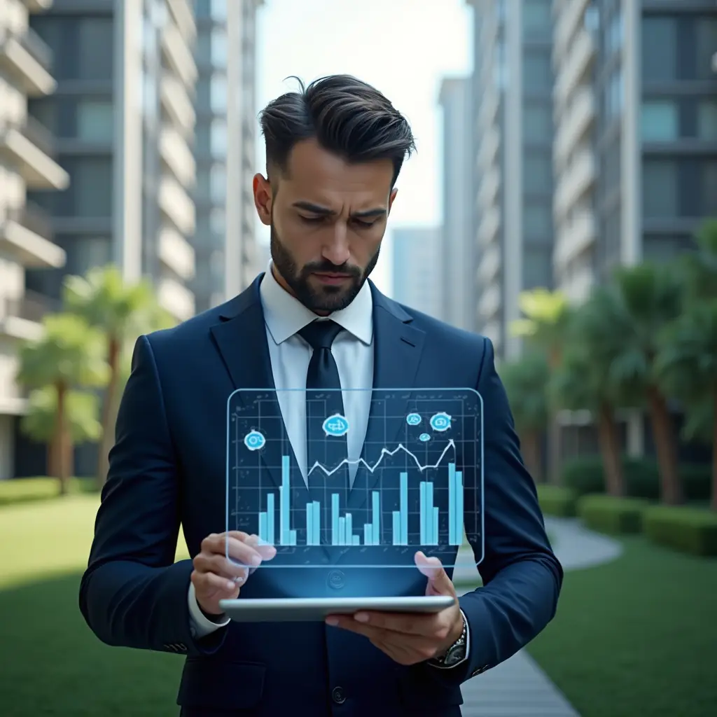 (Ultra-realistic condominium manager in a navy blue suit, set in a modern luxury condominium environment with high-rise buildings and lush green landscaping, holding a transparent tablet displaying holographic financial graphs and expense-vs-savings icons, analyzing data with a confident, focused expression, cinematic lighting, shallow depth of field, highly detailed textures, realistic skin, photographic realism, 8k resolution --ar 1:1 --v 6)