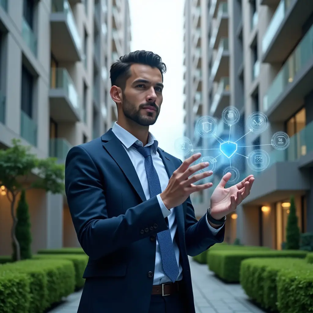 (Ultra-realistic property manager in a dark blue suit, set in a modern luxury condominium environment with high-rise buildings and manicured green landscaping, interacting with a holographic digital dashboard displaying icons for process optimization, cost reduction, security, and transparency, schematic UI elements floating around, confident expression, cinematic lighting, shallow depth of field, highly detailed textures, realistic skin, photographic realism, 8k resolution --ar 1:1 --v 6)