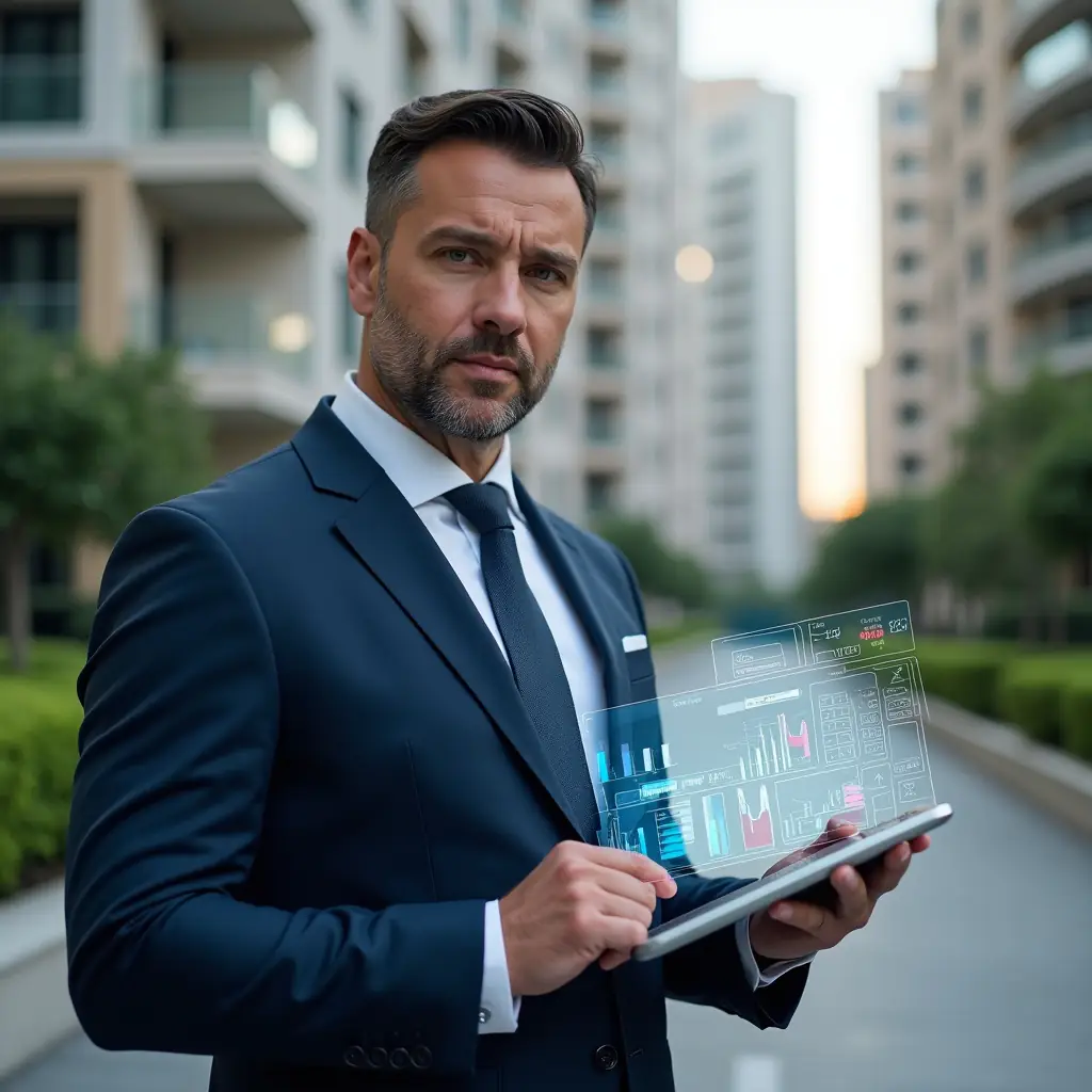 (Ultra-realistic condominium manager in a navy blue executive suit, set in a modern luxury condominium environment with high-rise buildings and manicured green landscaping, holding a transparent tablet displaying floating monthly financial report holograms and colorful charts, confident and focused expression, cinematic lighting, shallow depth of field, highly detailed textures, realistic skin, photographic realism, 8k resolution --ar 1:1 --v 6)
