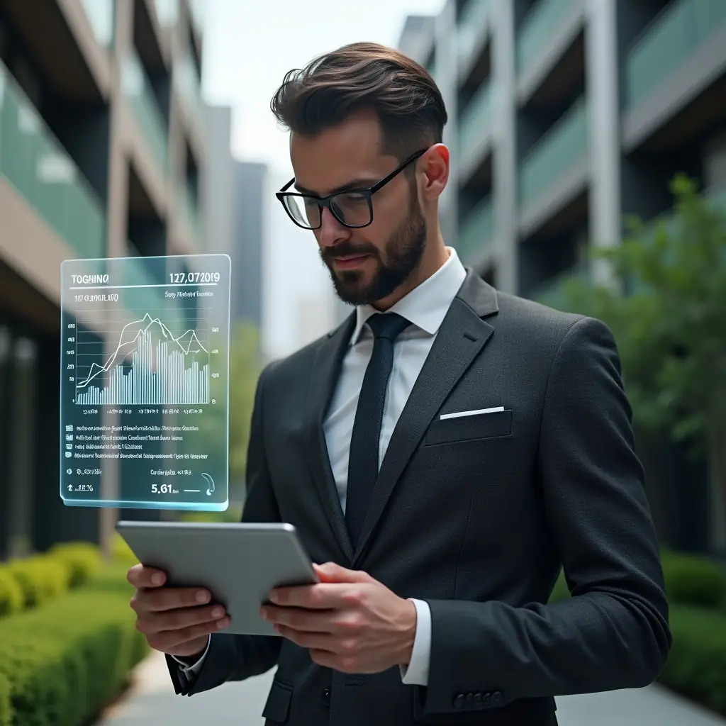 Ultra-realistic condominium manager in a dark gray tailored suit, set in a modern luxury condominium environment with high-rise buildings and manicured green landscaping, confidently reviewing financial documents on a digital tablet while a semi-transparent holographic chart of extraordinary expenses floats beside them, cinematic lighting, shallow depth of field, highly detailed textures, realistic skin, photographic realism, 8k resolution --ar 1:1 --v 6