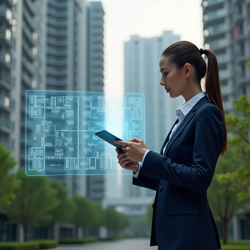 Ultra-realistic condominium manager in a navy suit, set in a modern luxury condominium environment with high-rise buildings and meticulously landscaped green areas, analyzing a holographic pie chart overlay of unit fractions projected from a tablet, confident and thoughtful expression, holographic blueprint of floor plans floating beside them symbolizing fair cost distribution, cinematic lighting, shallow depth of field, highly detailed textures, realistic skin, photographic realism, 8k resolution --ar 1:1 --v 6