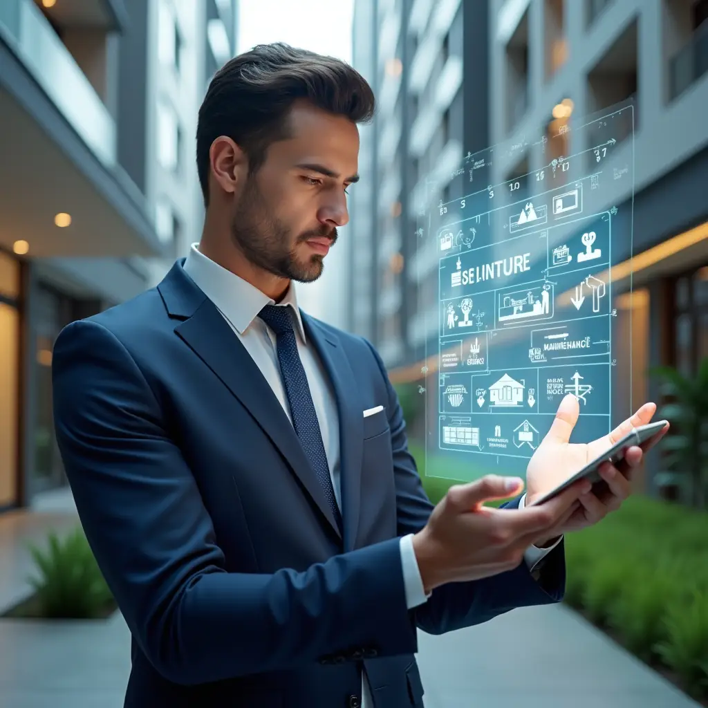 Ultra-realistic condominium manager in a tailored navy blue suit, set in a modern luxury condominium environment with high-rise buildings and manicured green landscaping, confidently examining a floating holographic calendar of maintenance, meetings and events, holographic icons for tools, meeting rooms and party symbols around them, cinematic lighting, shallow depth of field, highly detailed textures, realistic skin, photographic realism, 8k resolution --ar 1:1 --v 6