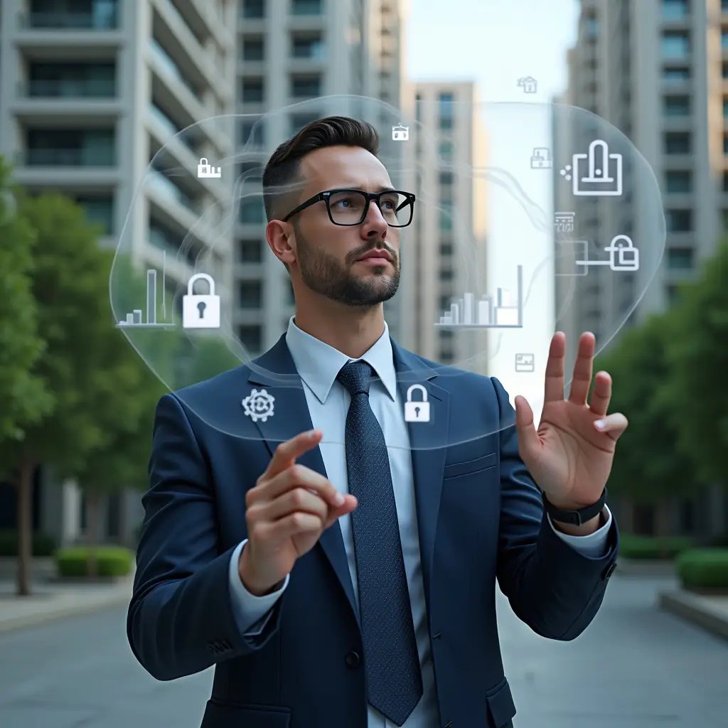 Ultra-realistic condominium manager in a navy executive suit, set in a modern luxury condominium environment with high-rise buildings and manicured greenery, analyzing a floating holographic interface displaying icons for financial charts, chat bubbles, calendars and security locks, confident and focused expression, cinematic lighting, shallow depth of field, highly detailed textures, realistic skin, photographic realism, 8k resolution --ar 1:1 --v 6
