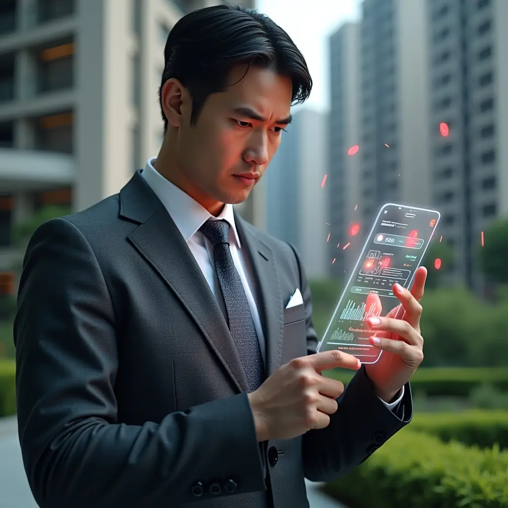(Ultra-realistic condominium manager in a charcoal gray suit, set in a modern luxury condominium environment with high-rise buildings and meticulously landscaped gardens, medium close-up of a professional examining a holographic interface displaying red error icons and data charts, holographic smartphone projection highlighting app notifications, thoughtful and slightly concerned expression, cinematic lighting, shallow depth of field, highly detailed textures, realistic skin, photographic realism, 8k resolution --ar 1:1 --v 6)