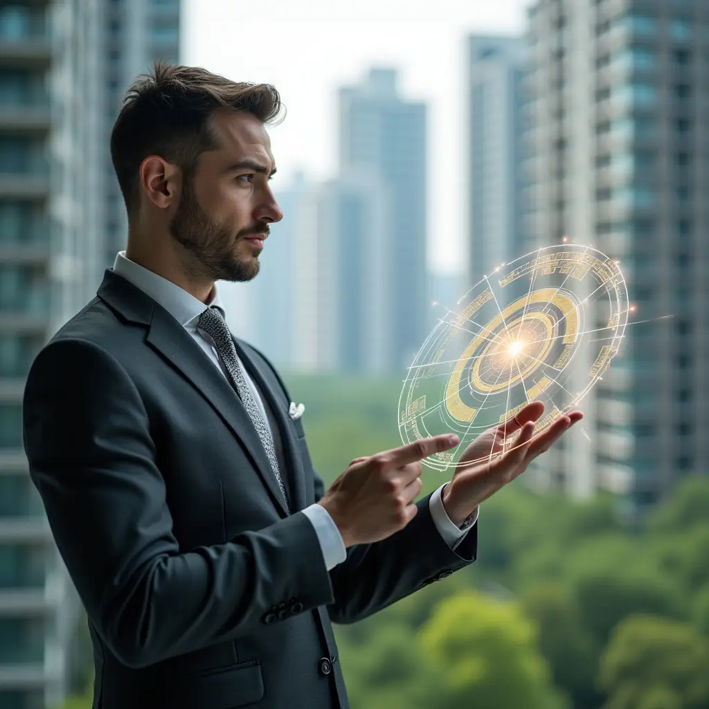 Ultra-realistic condominium manager in a tailored charcoal gray suit, set in a modern luxury condominium environment with high-rise buildings and lush green landscaping, mid-shot analyzing a holographic pie chart representing ideal fractions and floating apartment floor plans, confident and focused expression, cinematic lighting, shallow depth of field, highly detailed textures, realistic skin, photographic realism, 8k resolution --ar 1:1 --v 6