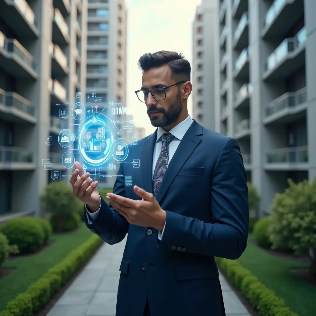 Ultra-realistic condominium manager in a navy tailored suit, set in a modern luxury condominium environment with high-rise buildings and lush green landscaping, mid-shot of a confident syndicate professional reviewing holographic financial charts and expense icons floating before them, analyzing ordinary and extraordinary budget categories, cinematic lighting, shallow depth of field, highly detailed textures, realistic skin, photographic realism, 8k resolution --ar 1:1 --v 6