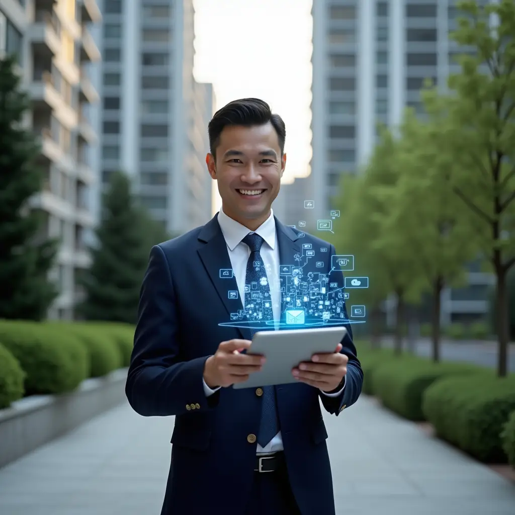(Ultra-realistic condominium manager in a sharp navy business suit, set in a modern luxury condominium environment with high-rise buildings and manicured green landscaping, confidently holding a tablet displaying a floating holographic app interface symbolizing digital management and communication, cinematic lighting, shallow depth of field, highly detailed textures, realistic skin, photographic realism, 8k resolution --ar 1:1 --v 6)