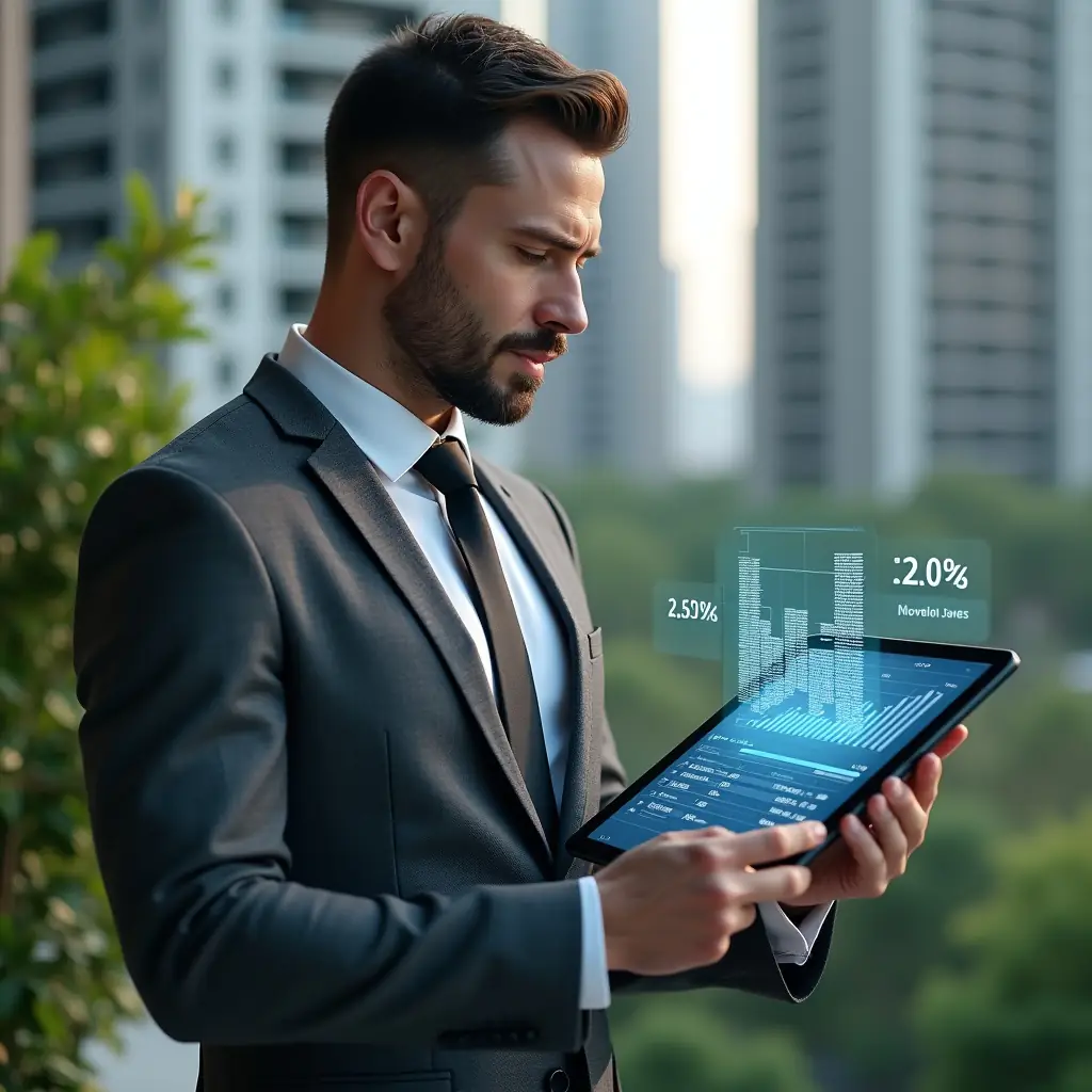 Ultra-realistic condominium manager in a charcoal grey suit, set in a modern luxury condominium environment with high-rise buildings and lush green landscaping, holding a tablet projecting a holographic financial chart and clear balancete data, analyzing with a confident, focused expression, cinematic lighting, shallow depth of field, highly detailed textures, realistic skin, photographic realism, 8k resolution --ar 1:1 --v 6