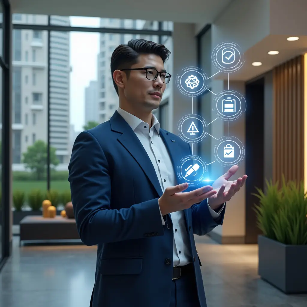 Ultra-realistic condominium manager in a navy blue executive suit, set in a modern luxury condominium environment with high-rise buildings and lush green landscaping, standing confidently in a sleek lobby while interacting with a floating holographic checklist of six glowing icons representing maintenance, finance, communication, scheduling, training and automation, cinematic lighting, shallow depth of field, highly detailed textures, realistic skin, photographic realism, 8k resolution --ar 1:1 --v 6