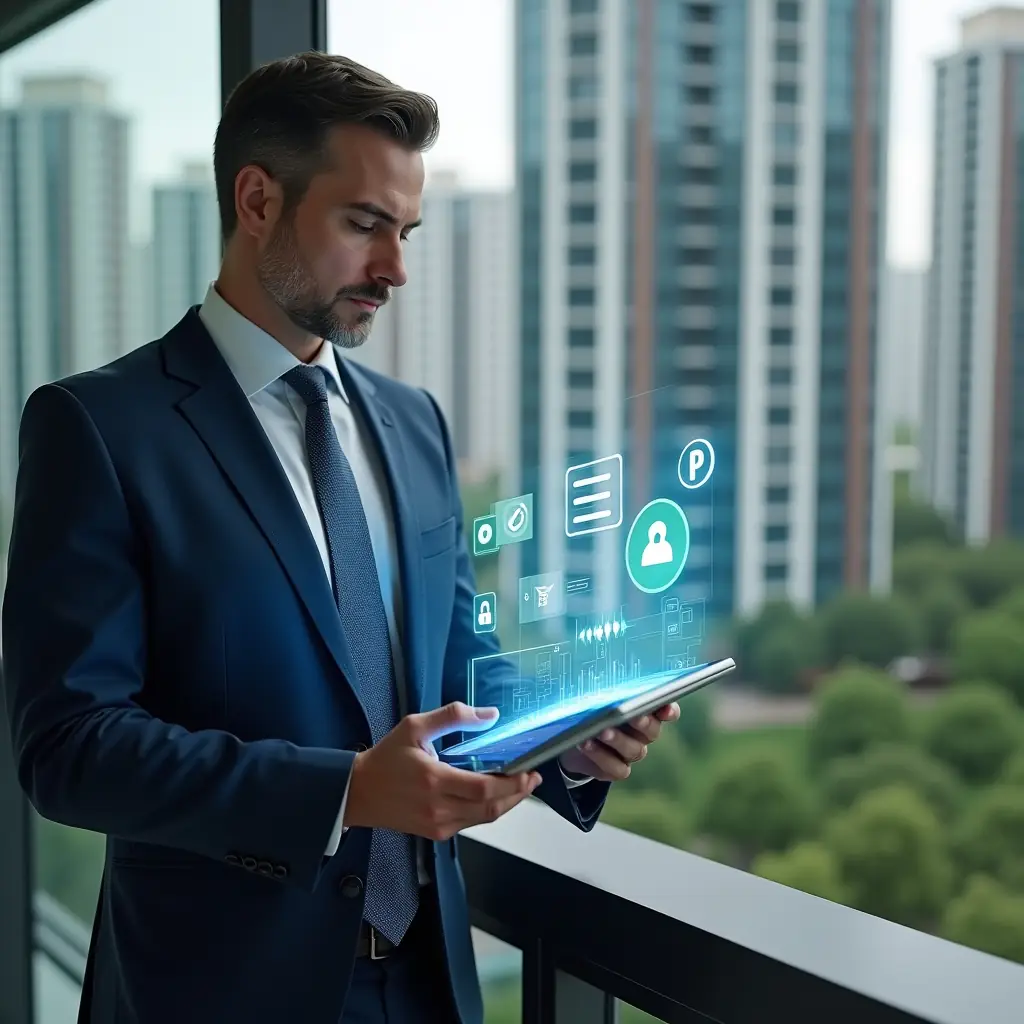 (Ultra-realistic condominium manager in a navy blue business suit, set in a modern luxury condominium environment with high-rise buildings and lush green landscaping, confidently analyzing a holographic tablet interface displaying icons for checklist, calendar, chat bubble, and security shield, cinematic lighting, shallow depth of field, highly detailed textures, realistic skin, photographic realism, 8k resolution --ar 1:1 --v 6)