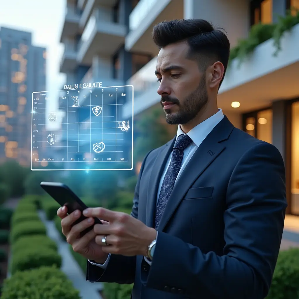 Ultra-realistic condominium manager in a navy suit, set in a modern luxury condominium environment with high-rise buildings and lush landscaped gardens, examining a floating holographic activity schedule calendar with glowing task icons, confident expression, cinematic lighting, shallow depth of field, highly detailed textures, realistic skin, photographic realism, 8k resolution --ar 1:1 --v 6