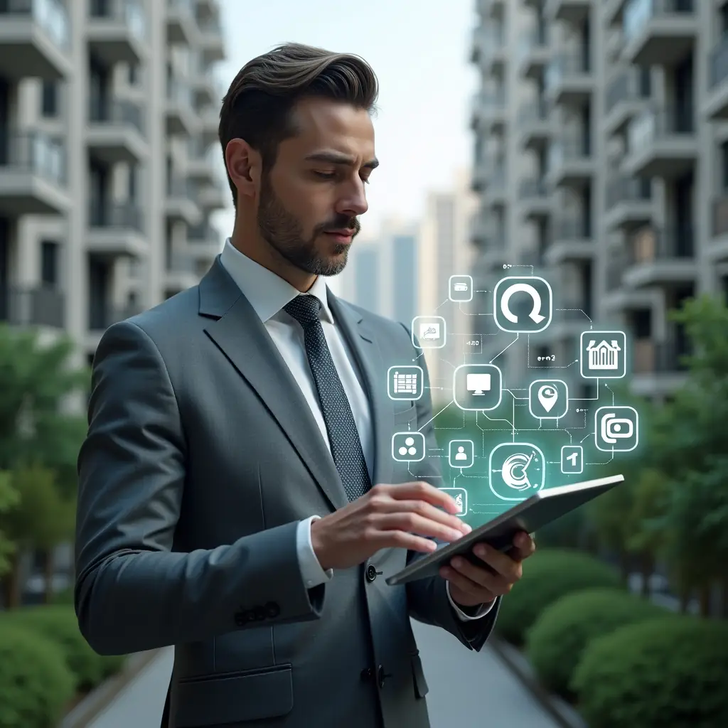 (Ultra-realistic condominium manager in a tailored gray suit, set in a modern luxury condominium environment with high-rise buildings and pristine green landscaping, holding a tablet projecting holographic icons of finance charts, chat bubbles, security cameras, maintenance tools and dashboards, confidently analyzing the digital interface, cinematic lighting, shallow depth of field, highly detailed textures, realistic skin, photographic realism, 8k resolution --ar 1:1 --v 6)