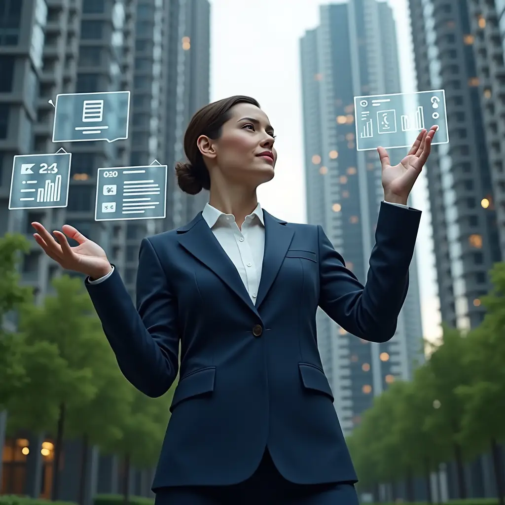 (Ultra-realistic condominium manager in a navy blue executive suit, set in a modern luxury condominium environment with high-rise buildings and manicured green landscaping, interacting with floating holographic icons representing financial control, messaging alerts, maintenance tickets, reservation calendars, and analytical graphs, confident and focused expression, cinematic lighting, shallow depth of field, highly detailed textures, realistic skin, photographic realism, 8k resolution --ar 1:1 --v 6)