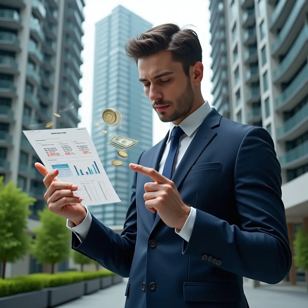 (Ultra-realistic condominium manager in a tailored navy suit, set in a modern luxury condominium environment with high-rise buildings and green landscaping, reviewing a floating holographic financial report with charts and ledgers, pointing thoughtfully at the data, holographic icons of coins and balance sheets surrounding him, cinematic lighting, shallow depth of field, highly detailed textures, realistic skin, photographic realism, 8k resolution --ar 1:1 --v 6)