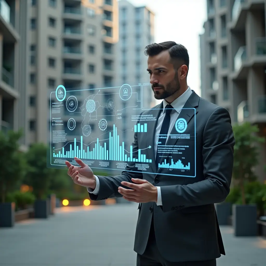 Ultra-realistic condominium manager in a charcoal gray executive suit, set in a modern luxury condominium environment with high-rise buildings and manicured gardens, confidently interacting with a floating holographic dashboard showing charts and gears, luminous icons of messages and notifications orbiting around, cinematic lighting, shallow depth of field, highly detailed textures, realistic skin, photographic realism, 8k resolution --ar 1:1 --v 6