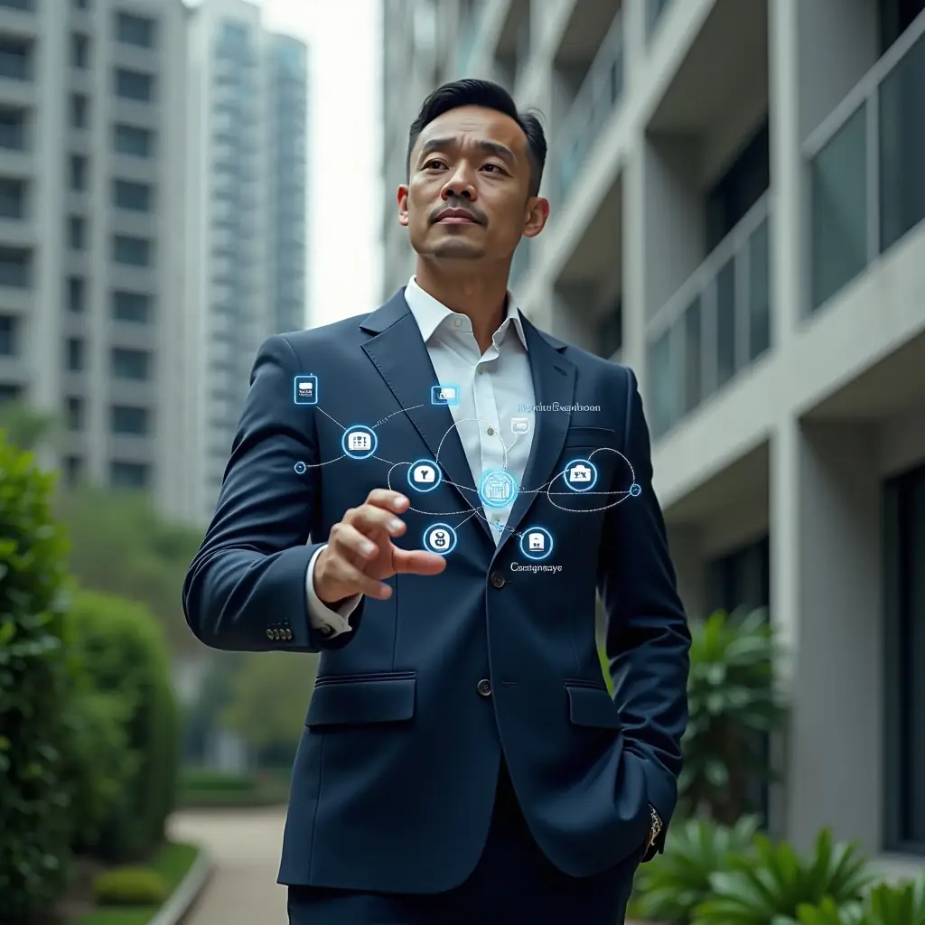 (Ultra-realistic condominium manager in a tailored navy suit, set in a modern luxury condominium environment with high-rise buildings and lush green landscaping, interacting with a holographic digital interface showing app icons for calendar, finance and security, confident and focused expression, cinematic lighting, shallow depth of field, highly detailed textures, realistic skin, photographic realism, 8k resolution --ar 1:1 --v 6)