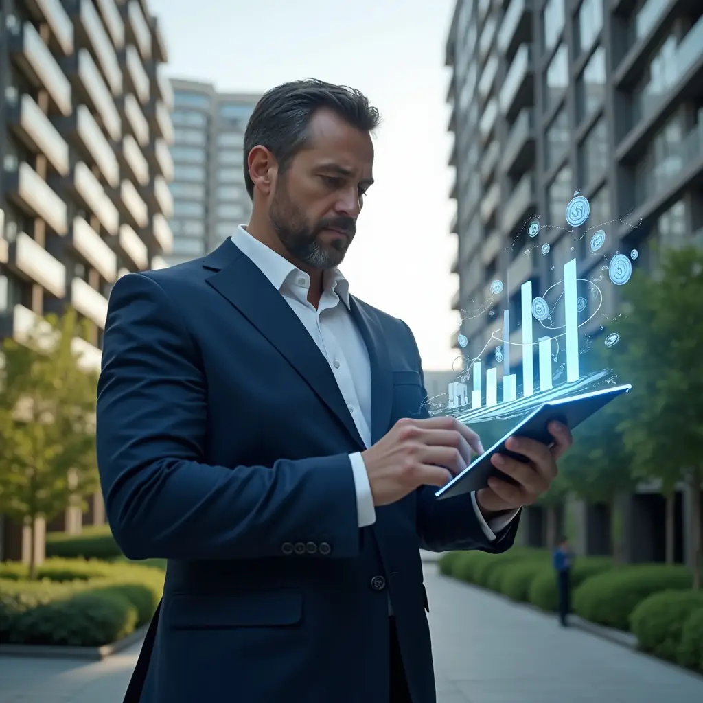 Ultra-realistic condominium manager in a dark blue tailored suit, set in a modern luxury condominium environment with high-rise buildings and meticulously landscaped greenery, mid shot holding a digital tablet projecting holographic expense graphs and budget charts, confidently analyzing rising bar charts and floating coin icons, cinematic lighting, shallow depth of field, highly detailed textures, realistic skin, photographic realism, 8k resolution --ar 1:1 --v 6
