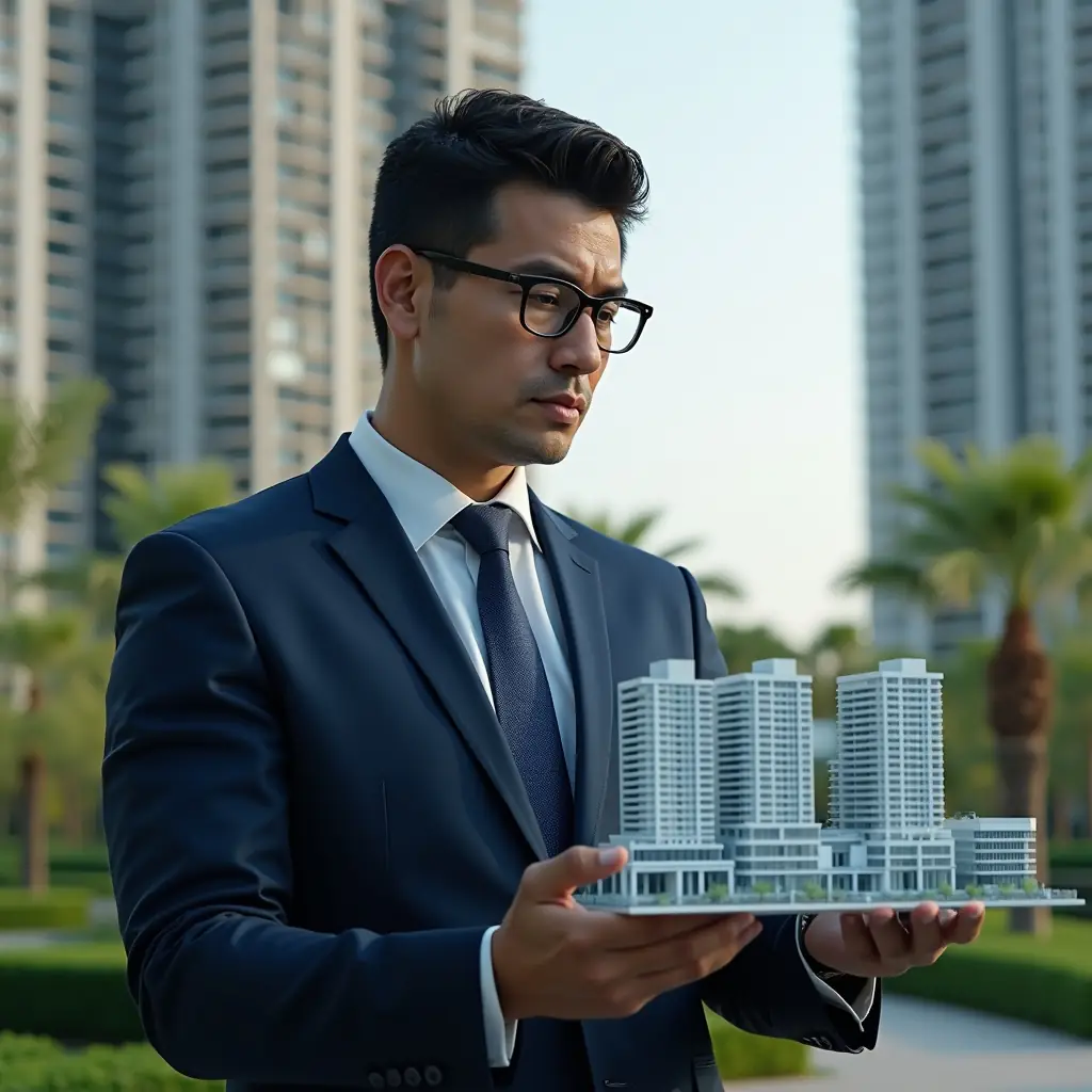 Ultra-realistic condominium manager in a navy executive suit, set in a modern luxury condominium environment with high-rise buildings and lush green landscaping, holding and examining a transparent holographic building model with visible fractional percentages, thoughtful and confident expression, cinematic lighting, shallow depth of field, highly detailed textures, realistic skin, photographic realism, 8k resolution --ar 1:1 --v 6