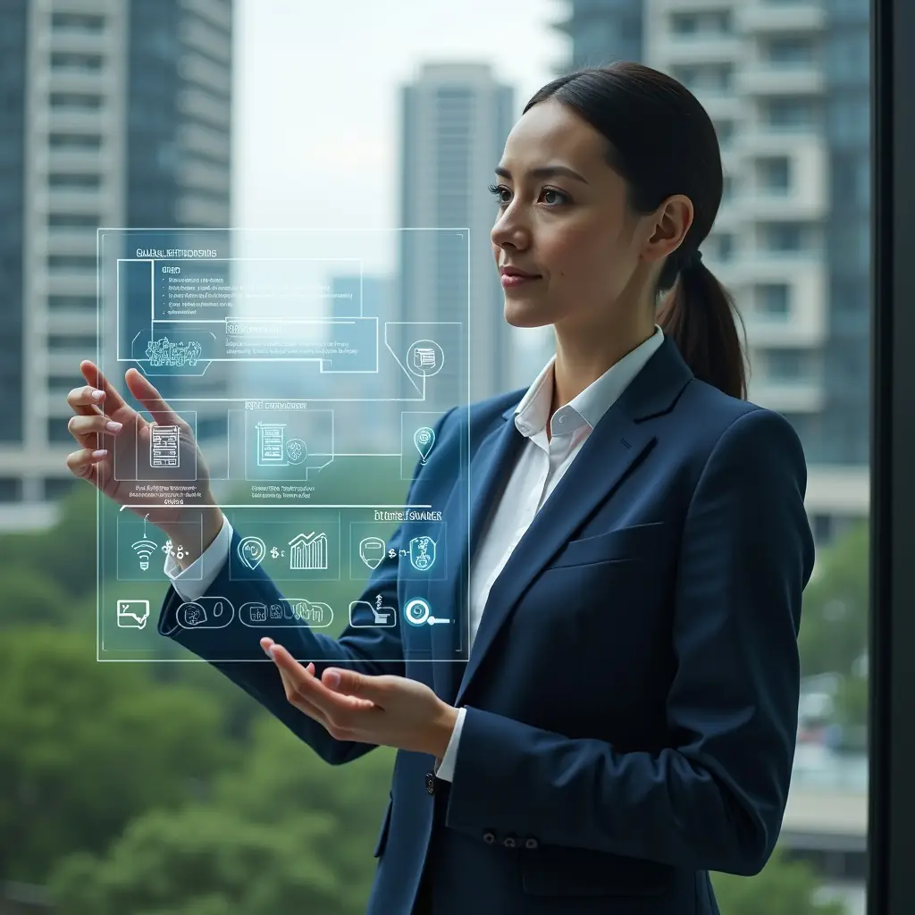(Ultra-realistic condominium manager in a tailored navy suit, set in a modern luxury condominium environment with high-rise buildings and lush green landscaping, confidently interacting with a semi-transparent holographic interface displaying five numbered steps and cost-reduction icons, futuristic holographic checklist and efficiency graphs floating around, cinematic lighting, shallow depth of field, highly detailed textures, realistic skin, photographic realism, 8k resolution --ar 1:1 --v 6)