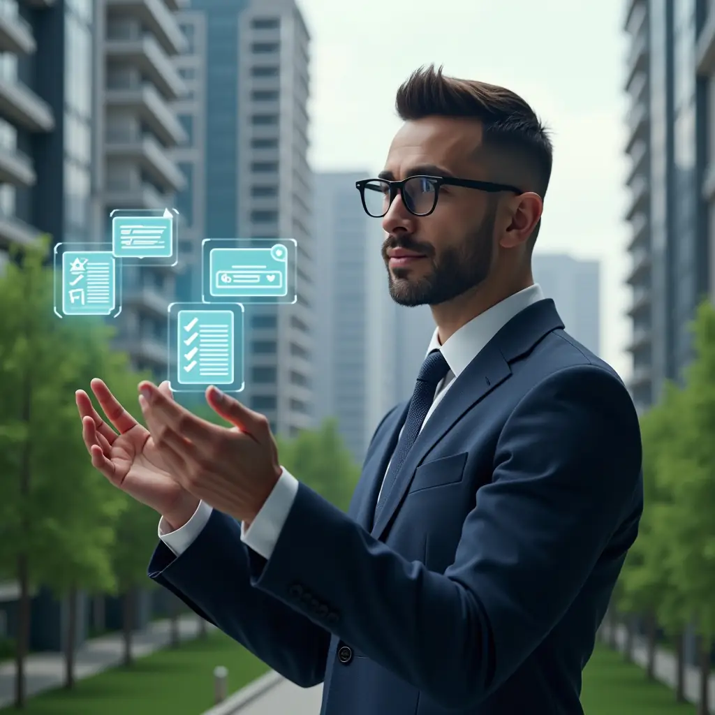 (Ultra-realistic condominium manager in a tailored navy suit, set in a modern luxury condominium environment with high-rise buildings and lush green landscaping, confidently pointing at floating holographic icons of a financial report, a chat bubble and a maintenance checklist, cinematic lighting, shallow depth of field, highly detailed textures, realistic skin, photographic realism, 8k resolution --ar 1:1 --v 6)